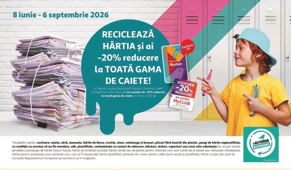 Auchan a dat din nou startul campaniei de reciclare: Ce trebuie să faci cu hârtiile vechi pentru a primi reduceri la caiete campanie reciclare auchan reducere caiete