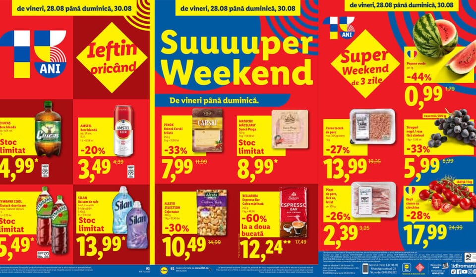 Oferte Super Weekend Lidl 28-30 august 2026: Reduceri la carne, fructe și produse de bază Oferte Super Weekend Lidl 28-30 august 2026