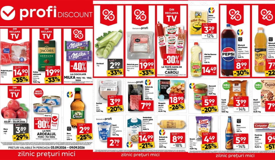 Super oferte în catalog Profi Discount 3-9 septembrie 2026: Reduceri la alimente și produse promoționale Catalog Profi Discount 3-9 Septembrie 2026